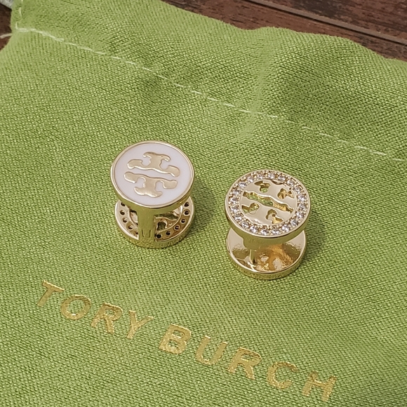 Tory Burch Gold and White Logo Earrings Kira Enamel Studs Ear Clips - Picture 4 of 7